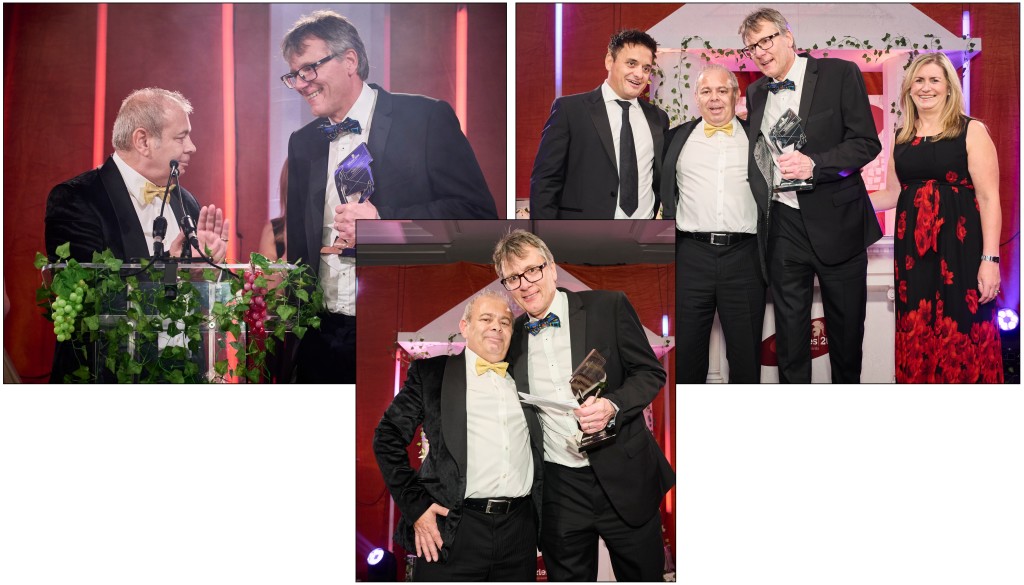 Above: Pals and business partners Miles and Nigel collecting the award from UK Envelope Centre’s Joanne Davis