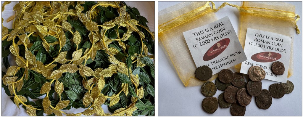 Above: Real coins and laurel wreaths at the ready