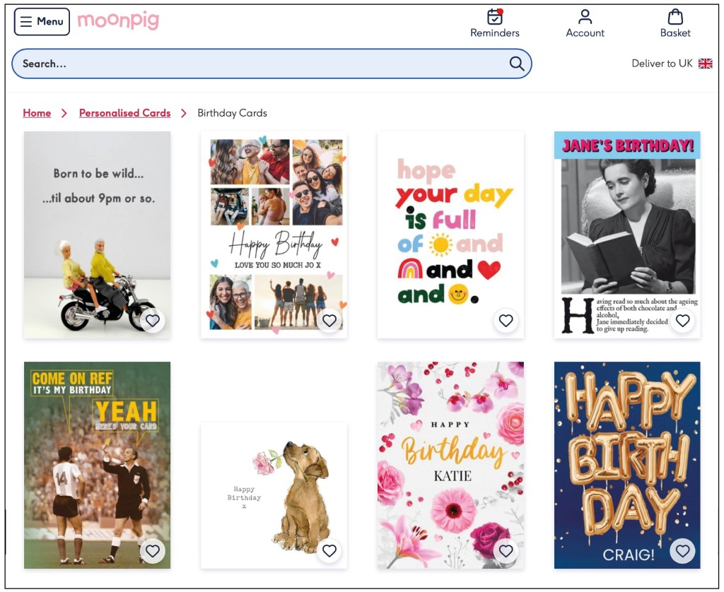 Above: Moonpig’s personalised range allows the perfect message