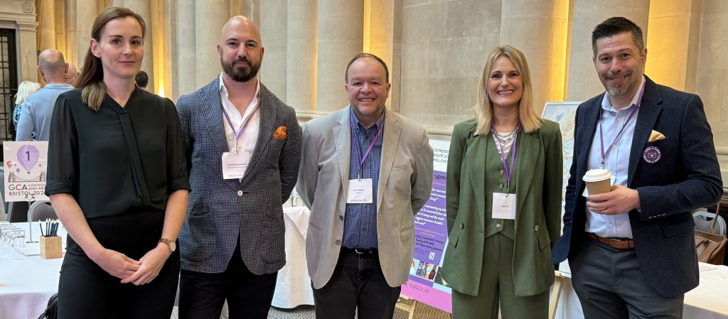 Above: (left-right) Royal Mail’s Fiona Hamilton, Woodmansterne’s Seth Woodmansterne, Arena PR’s Nick Agarwal and Andrea Ross and Cardology’s David Falkner at the GCA Conference & AGM