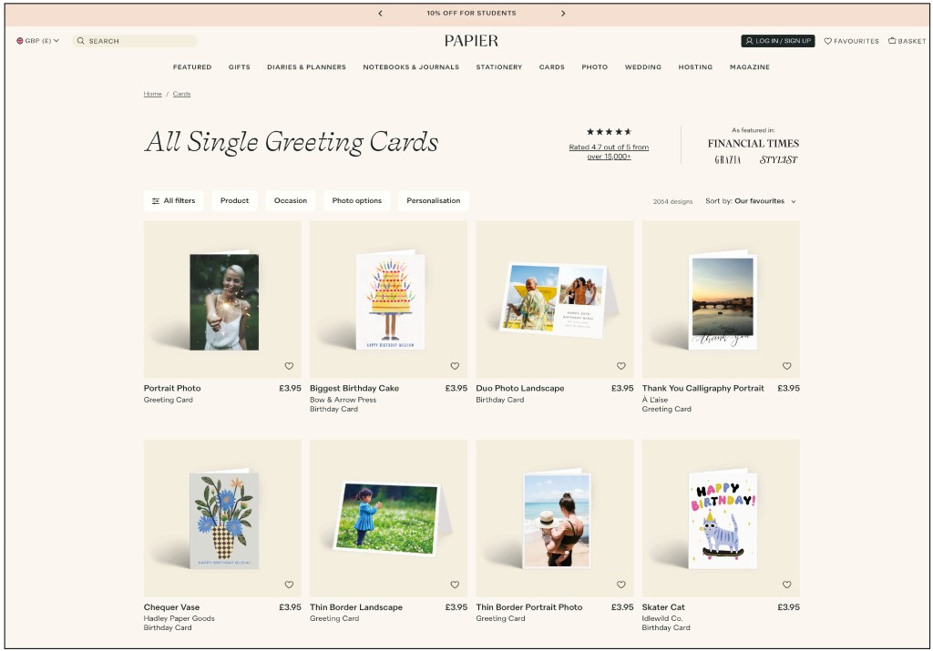 Above: Papier’s offer includes greeting cards