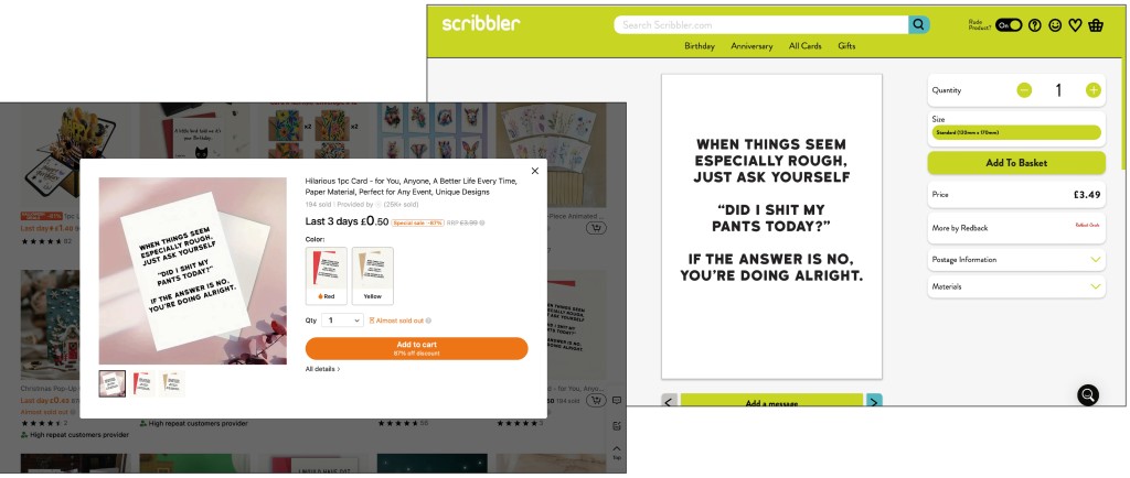 Above: A genuine Redback design on Scribbler’s website and the copy on Temu’s platform