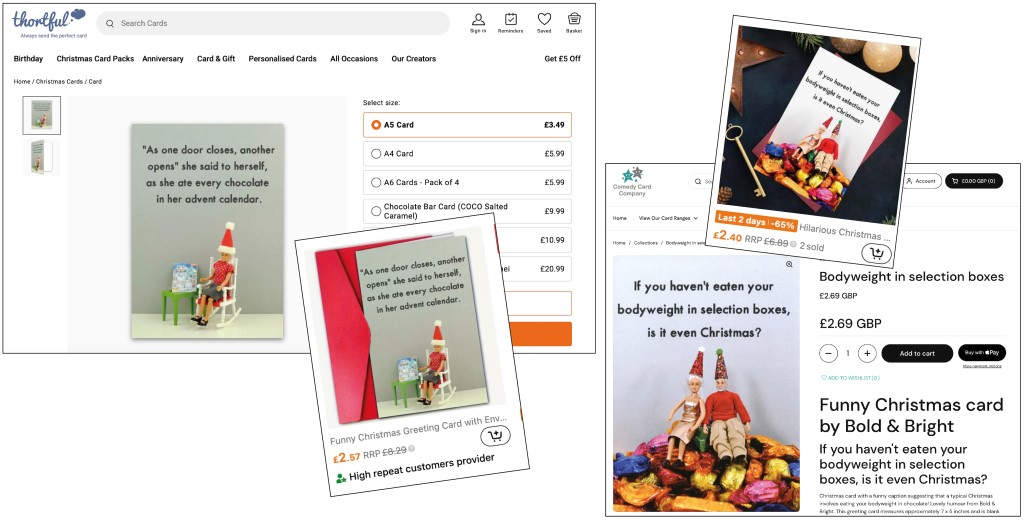 Above: Thea’s genuine cards for sale on the Thortful and Comedy Card Company platforms, and the Temu copies