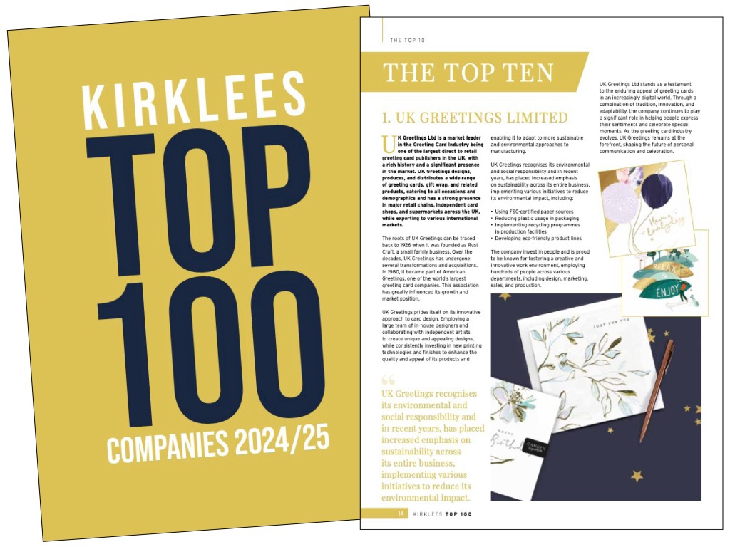 Above: UK Greetings is proud to top the Kirklees 100 table