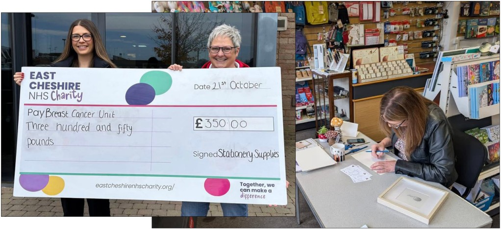 Above: Sarah’s big cheque handover at Macclesfield Hospital and Tracey busy drawing during the TOYW event