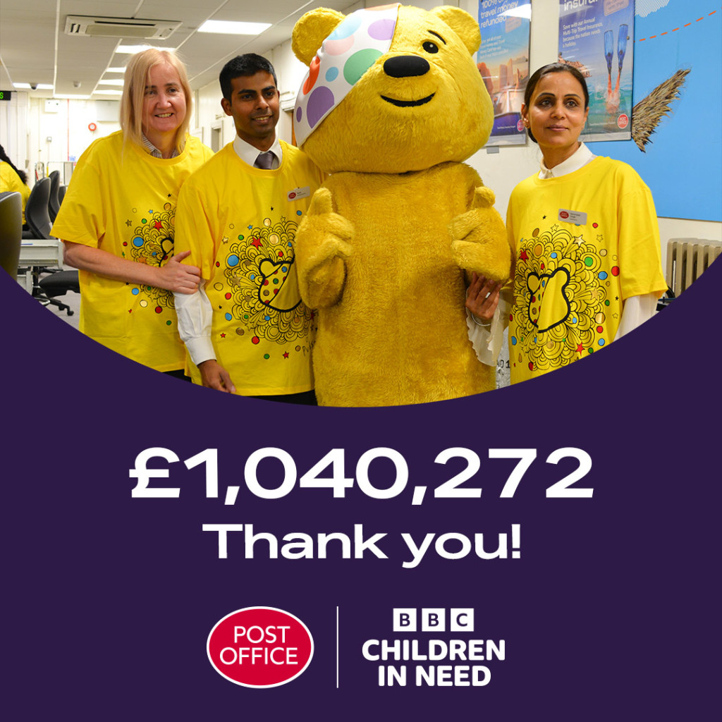 Above: Pudsey’s pockets will be bulging with the Post Office donation