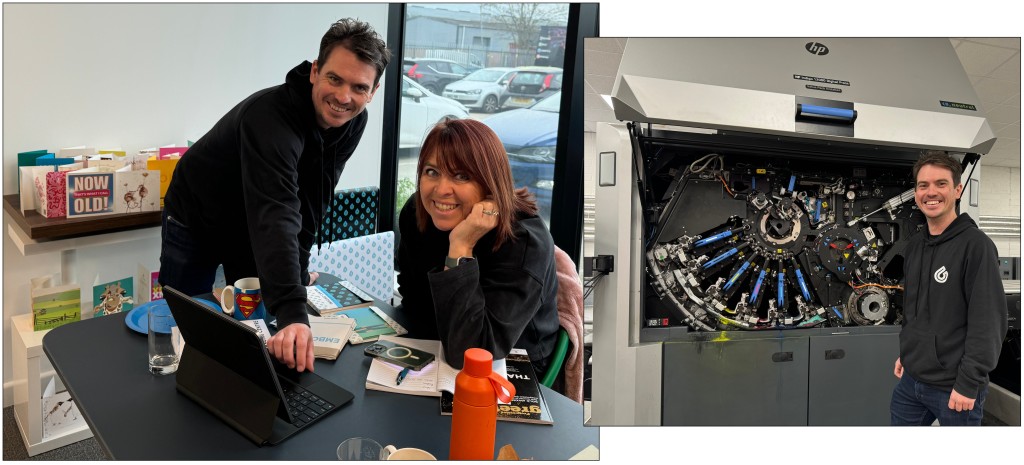 Above: Adam giving a helping hand to Corinne Hughes, and explaining the workings of a digital print press