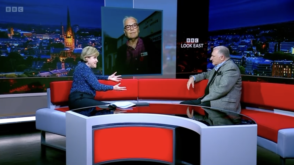 Above & top: Susie Fowler-Watt interviewed Jerry and Chris on BBC Look East