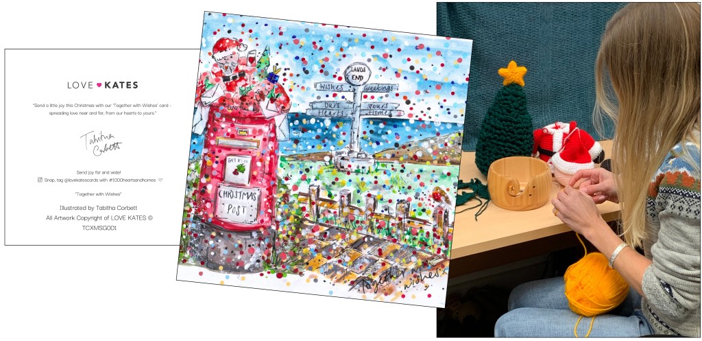 Above: Maddy crocheting the topper for the First & Last post box, and Tabby’s card design featuring it