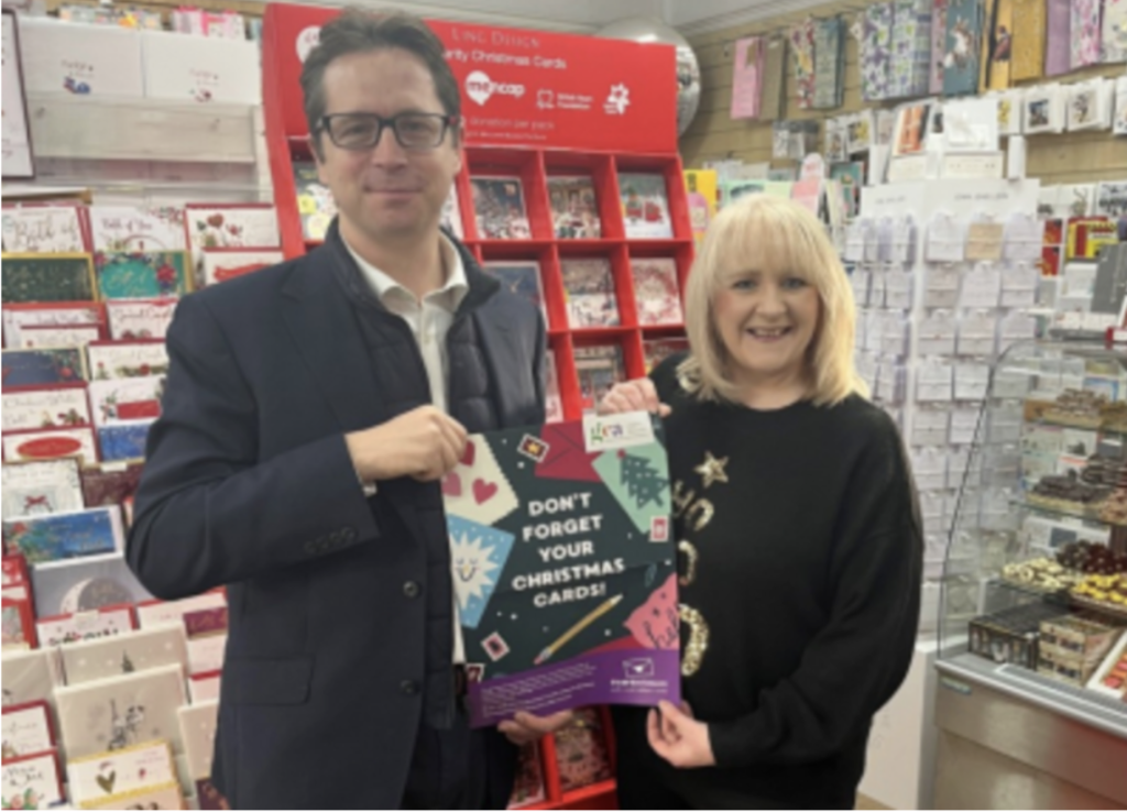 Above: Kaye Thurgood with her local MP Alex Burghart who she enlisted to help promote Christmas card sending last year as part of the #Cardmitment campaign