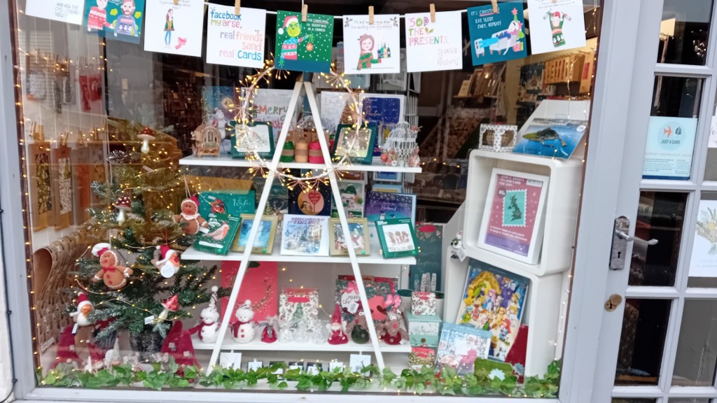 Above: A lovely selection of Glick tissue, wrap and tags at Penzance’s Cardtime, along with a wonderful array of cards