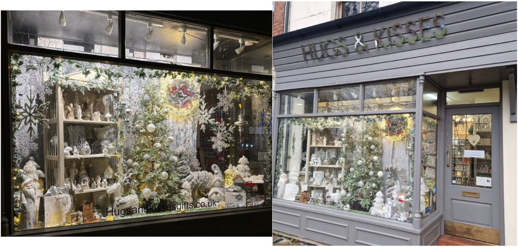 Above: Top of the north is Tettenhall’s seasonally atmospheric white-themed display and light wreath at Hugs & Kisses