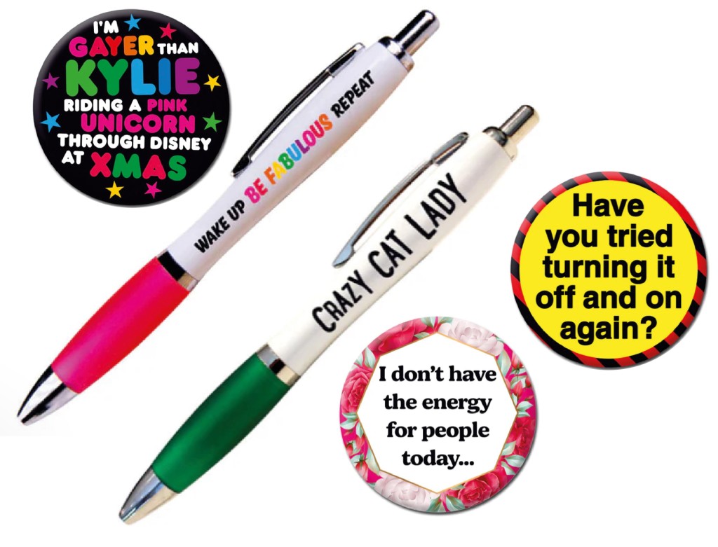 Above: There’s a grey area over how to label badges and pens like these from Dean Morris