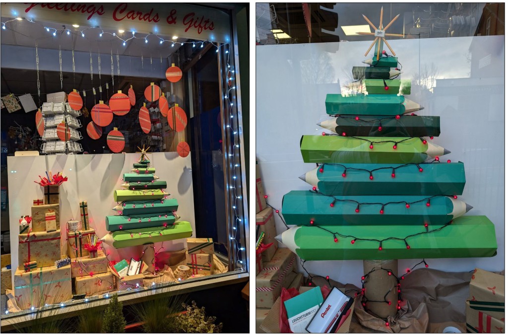 Above: When stationery’s your thing, a pencil Christmas tree seems a great idea, and that’s just what Sarah Laker came up with at Stationery Supplies in Marple: “A friend suggested it when I was looking for a simple idea that wouldn't take long – but, of course, once that seed was planted I had to make one, and then it needed baubles, and presents, and before I knew it many hours of creating had passed!”