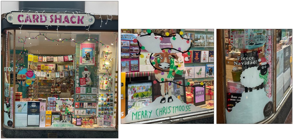 Above: At Card Shack in Bristol, favourite festive designs from Studio Boketto and Citrus Bunn have been upscaled for a fun window display