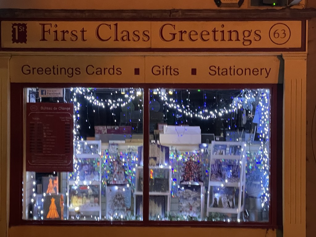 Above: Hadleigh’s First Class Greetings has definitely joined in the Christmas lights display