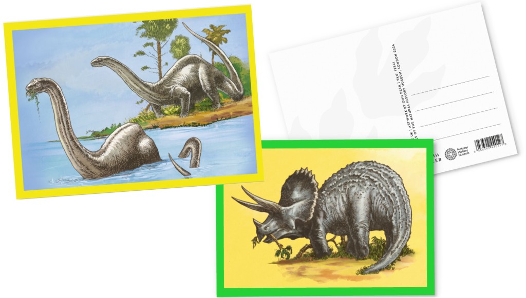 Above: Postcards feature the museum’s dinosaur plates from the archives